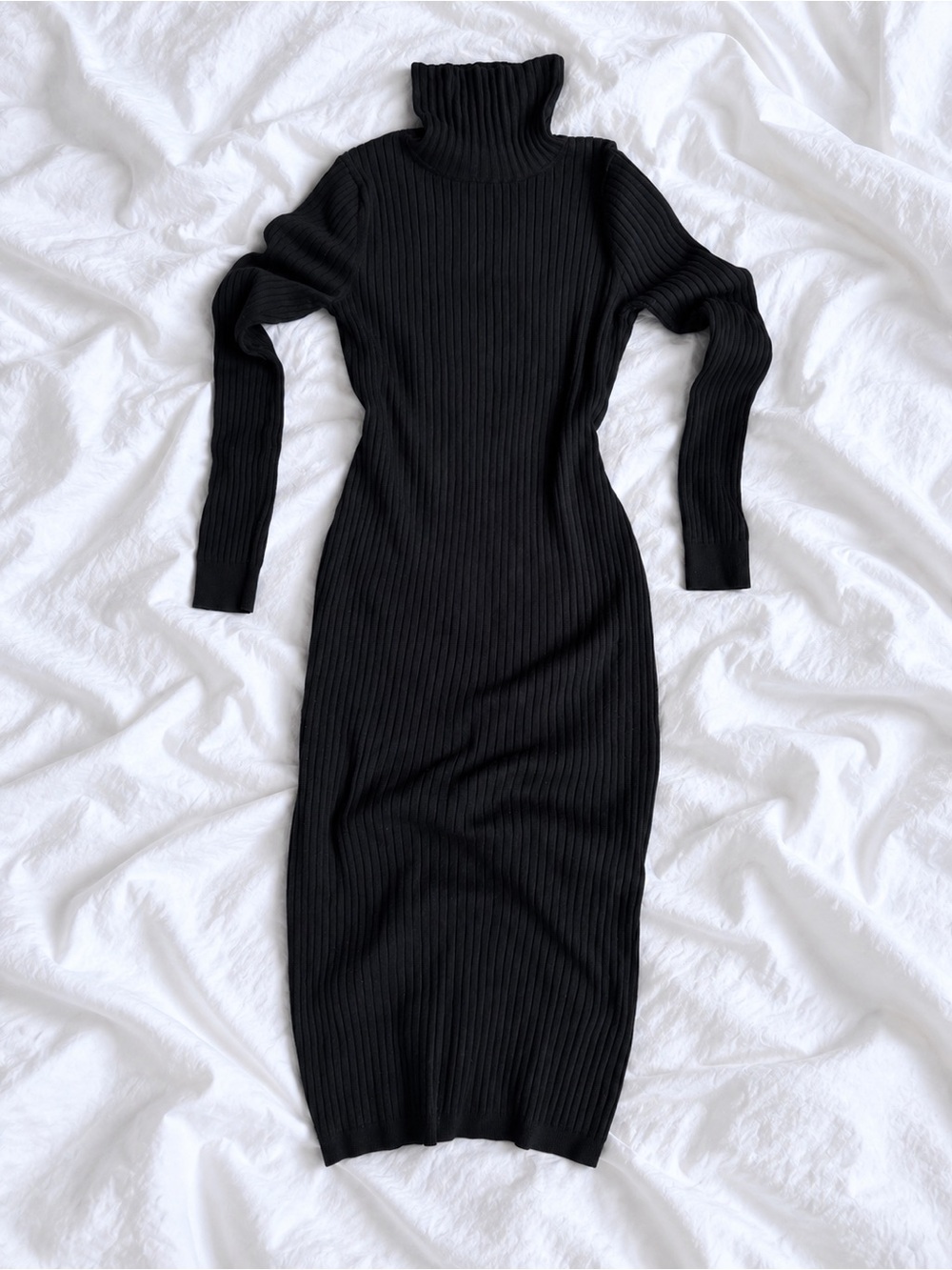 Black Ribbed Turtleneck Knit Dress